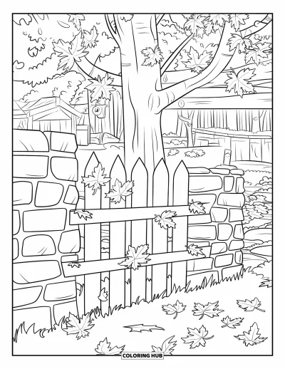 Coloriage d'arbre d'automne pour enfants : Arbre d'automne et vieille clôture avec des éléments chaleureux à proximité