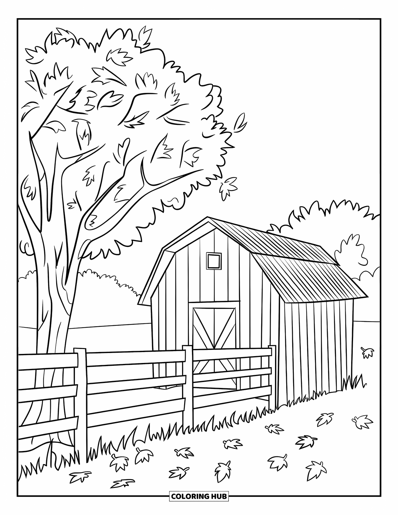 Fall Tree Coloring Page for Kids: Fall tree near a barn, wooden fence, and open land