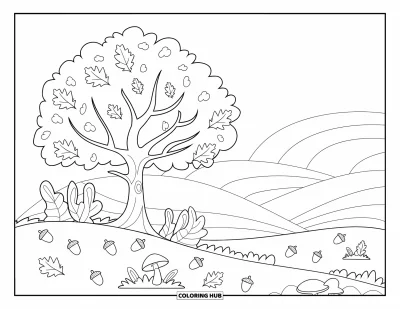 Coloriage d'arbre d'automne pour enfants : Arbre d'automne sur une colline avec des glands, des champignons et des collines vallonnées