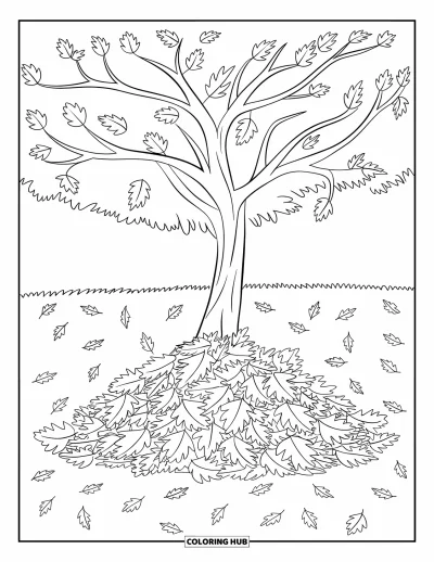 Coloriage d'arbre d'automne pour enfants : Arbre d'automne avec un tas de feuilles sur l'herbe et des feuilles éparpillées