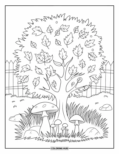 Coloriage d'arbre d'automne pour enfants : Arbre d'automne avec des champignons, de l'herbe et une clôture en bois