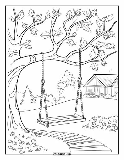 Coloriage d'arbre d'automne pour enfants : Arbre d'automne avec balançoire, une maison chaleureuse et un chemin en bois à proximité