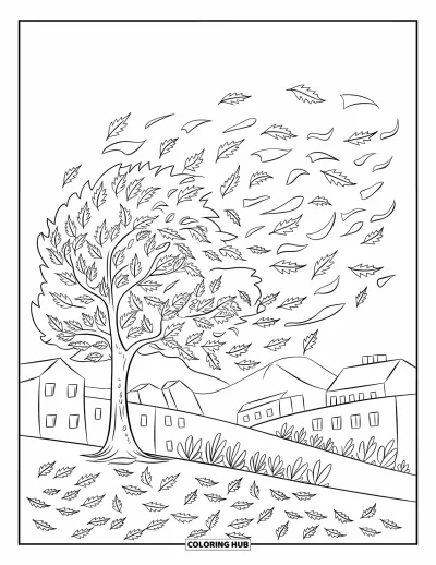Coloriage d'arbre d'automne pour enfants : Arbre d'automne avec des feuilles tourbillonnantes et des maisons au loin