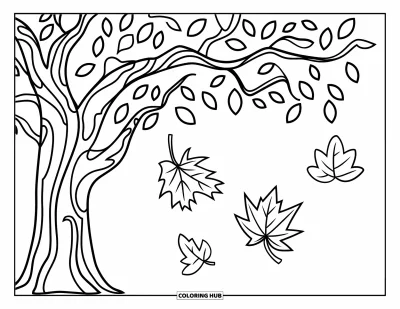 Coloriage d'arbre d'automne pour enfants : Arbre d'automne avec trois feuilles virevoltant dans les airs