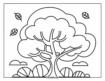 Coloriage d'arbre d'automne pour enfants : Grand arbre d'automne avec trois feuilles tombant doucement