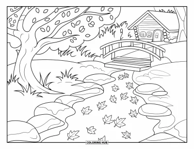Coloriage d'arbre d'automne pour enfants : Des feuilles flottent sur un ruisseau à côté d'un arbre d'automne paisible