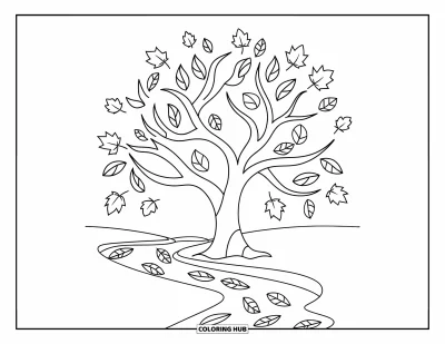 Coloriage d'arbre d'automne pour enfants : Des feuilles flottent sur un ruisseau à côté d'un arbre avec un fond simple