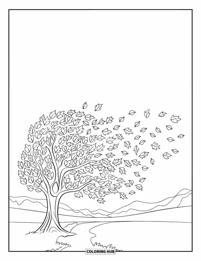 Coloriage d'arbre d'automne pour enfants : Des feuilles tourbillonnent autour d'un arbre avec des vues sur la montagne