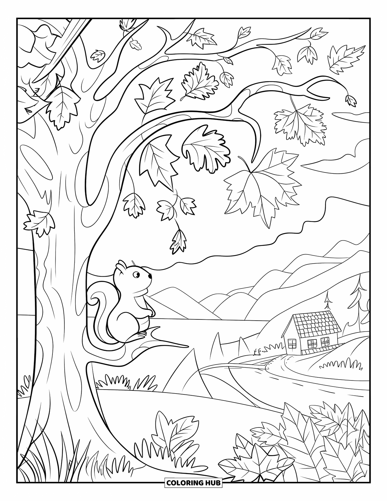 Fall Tree Coloring Page for Kids: Squirrel by a colorful tree in a peaceful mountain setting