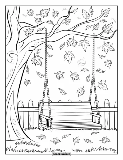 Coloriage d'arbre d'automne pour enfants : Balançoire suspendue à un arbre d'automne entouré de feuilles qui voltigent