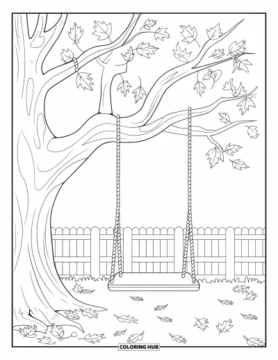 Coloriage d'arbre d'automne pour enfants : Balançoire suspendue à un arbre d'automne avec des feuilles éparpillées en dessous
