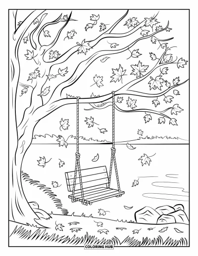 Coloriage d'arbre d'automne pour enfants : Balançoire sur un arbre au bord d'un lac tranquille avec des feuilles éparpillées