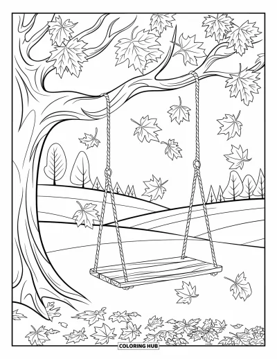Coloriage d'arbre d'automne pour enfants : Balançoire sous un arbre d'automne avec des collines paisibles et un sol tapissé de feuilles