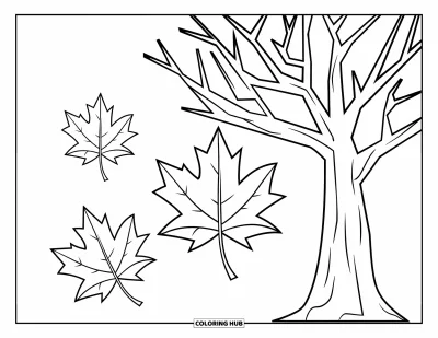 Coloriage d'arbre d'automne pour enfants : Trois feuilles tombent d'un grand arbre aux branches dénudées