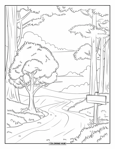 Coloriage d'arbre d'automne pour enfants : Arbre sur un sentier forestier avec des nuages, des arbres et un panneau indicateur