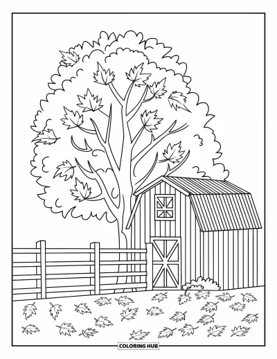 Coloriage d'arbre d'automne pour enfants : Arbre à côté d'une grange et d'une clôture avec des feuilles d'automne éparpillées