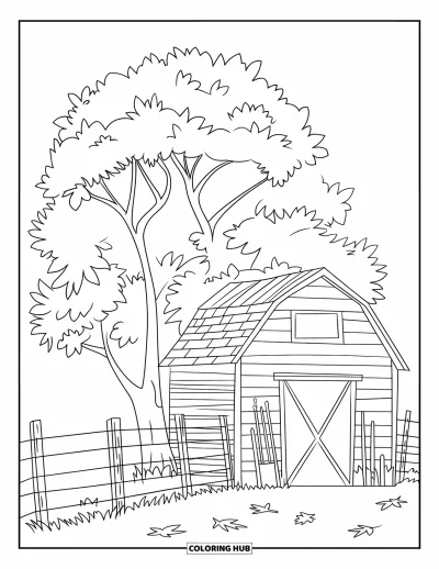 Coloriage d'arbre d'automne pour enfants : Arbre à côté d'une grange avec des outils, une clôture et des feuilles tombées