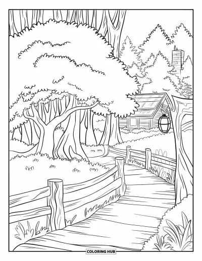 Coloriage d'arbre d'automne pour enfants : Arbre sur un sentier forestier avec une lanterne, une clôture et un chalet douillet à proximité