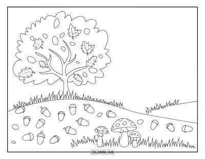 Coloriage d'arbre d'automne pour enfants : Arbre sur une colline avec des glands et des champignons éparpillés à sa base