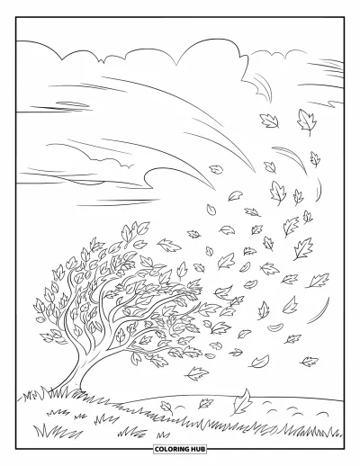 Coloriage d'arbre d'automne pour enfants : Arbre sur une prairie avec des feuilles tourbillonnantes et un ciel nuageux
