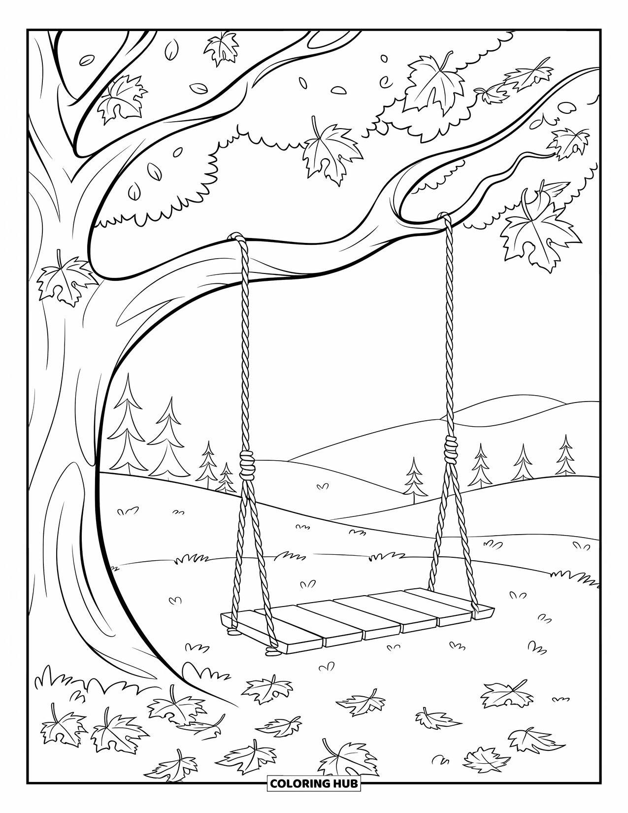 Fall Tree Coloring Page for Kids: Tree swing surrounded by fallen leaves and peaceful hills