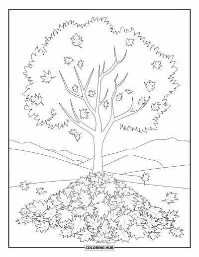 Coloriage d'arbre d'automne pour enfants : Arbre avec un grand tas de feuilles et une vue sur la montagne