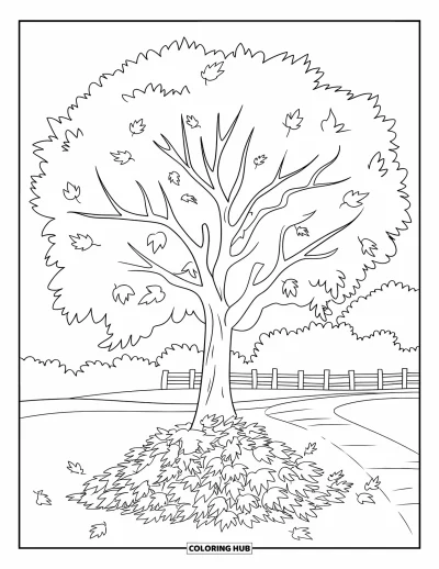 Coloriage d'arbre d'automne pour enfants : Arbre avec un tas de feuilles et une clôture en bois derrière