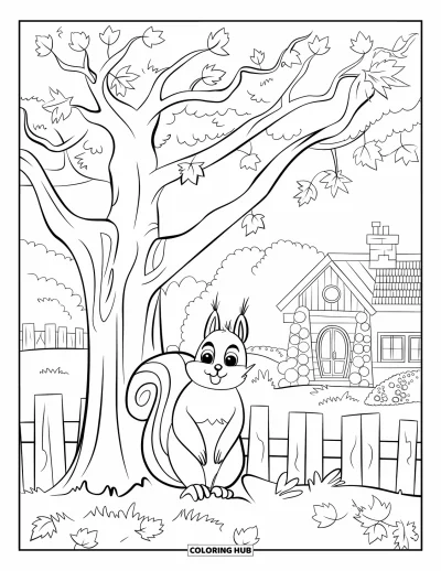 Coloriage d'arbre d'automne pour enfants : Arbre avec un écureuil près du tronc et une maison douillette en arrière-plan