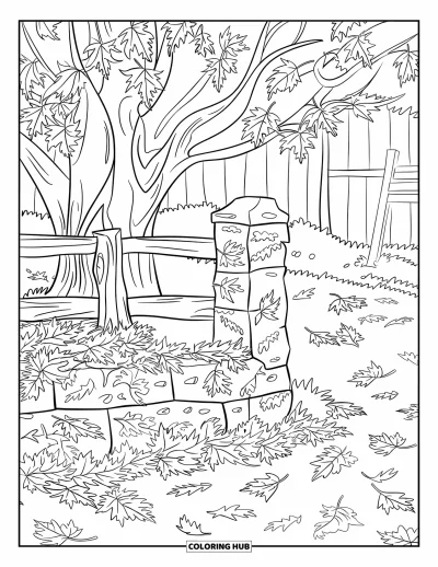Coloriage d'arbre d'automne pour enfants : Arbre avec une clôture en pierre, des feuilles abondantes et une échelle en bois