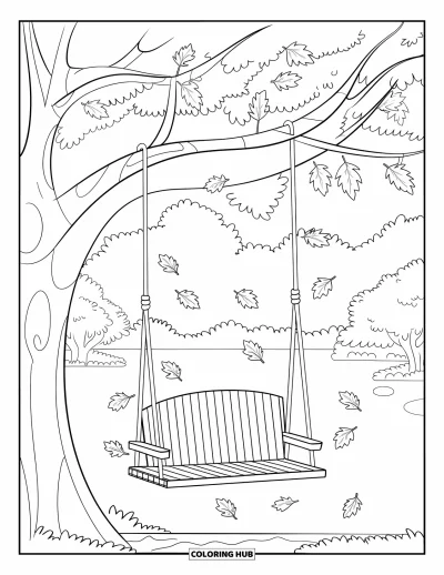 Coloriage d'arbre d'automne pour enfants : Arbre avec une balançoire en bois se balançant parmi des feuilles colorées tombées