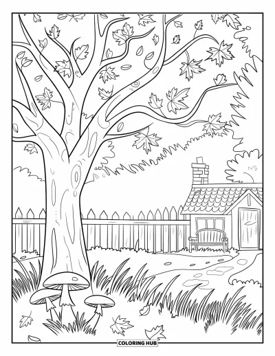 Coloriage d'arbre d'automne pour enfants : Arbre avec des champignons, de l'herbe et une maison avec une cheminée