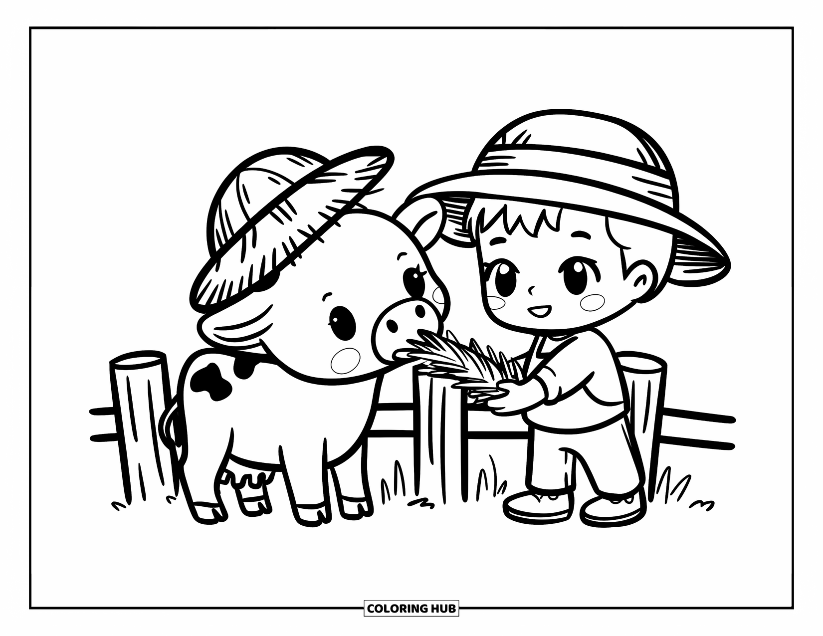 Farmer Coloring Page for Adults: A baby cow in a hat eating hay from a farmer boy