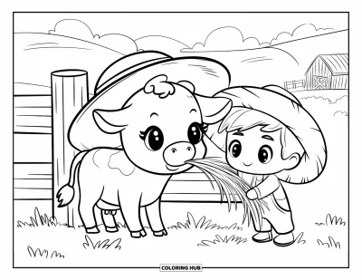 Desen de colorat cu fermier pentru adulți: Un vițel cu pălărie de paie hrănit cu fân de un fermier chibi