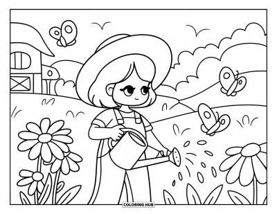 Desen de colorat cu fermier pentru adulți: O fetiță fermier chibi udând margarete cu fluturi lângă un grajd