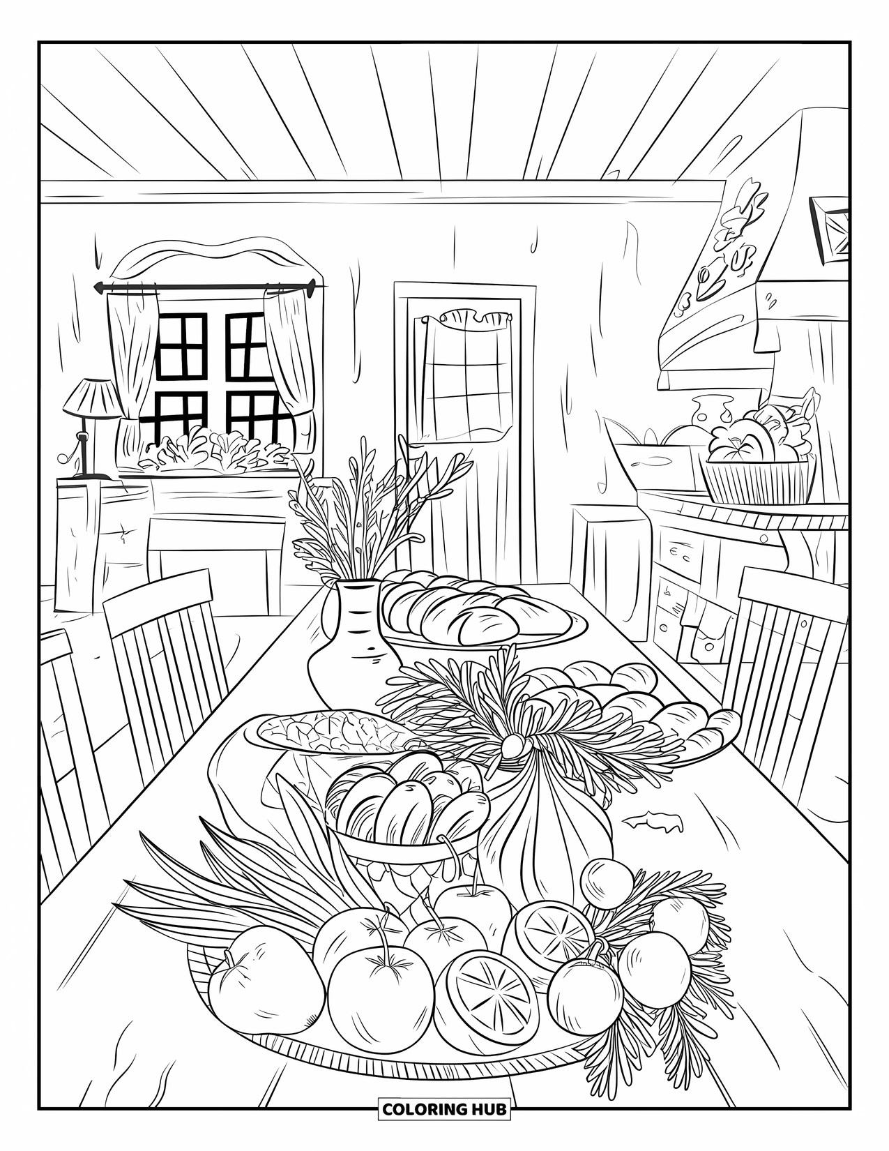 Farmer Coloring Page for Adults: A cozy kitchen table spread with fruits, bread, and wildflowers