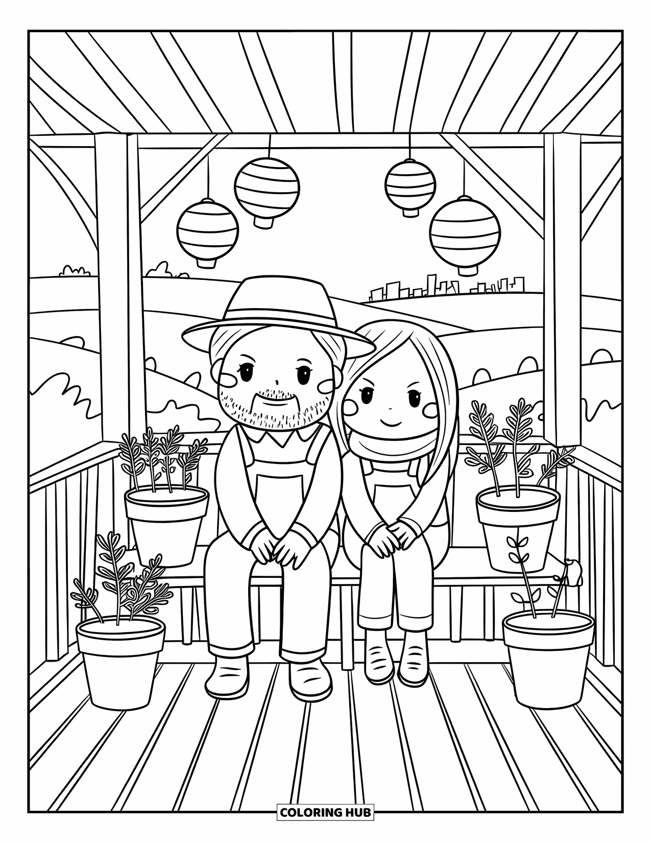 Farmer Coloring Page for Adults: A farmer couple sitting on a porch with pots of sprouting plants