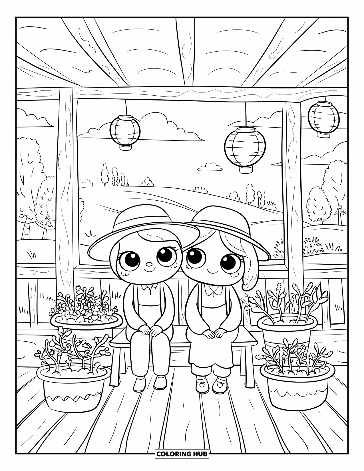 Farmer Coloring Page for Adults: A farmer couple with big eyes sitting among plants and lanterns