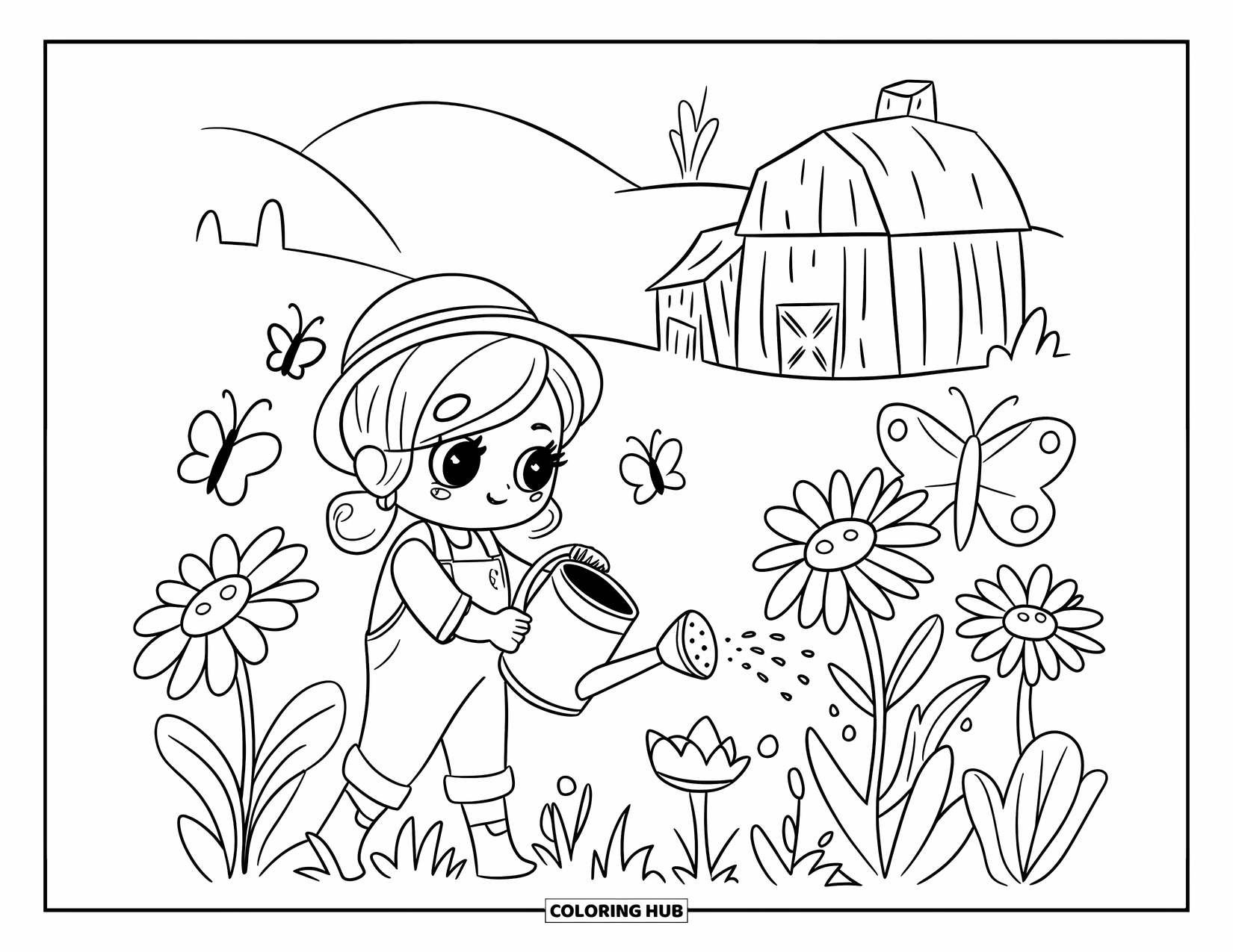 Farmer Coloring Page for Adults: A farmer girl watering daisies with butterflies and soft hills behind
