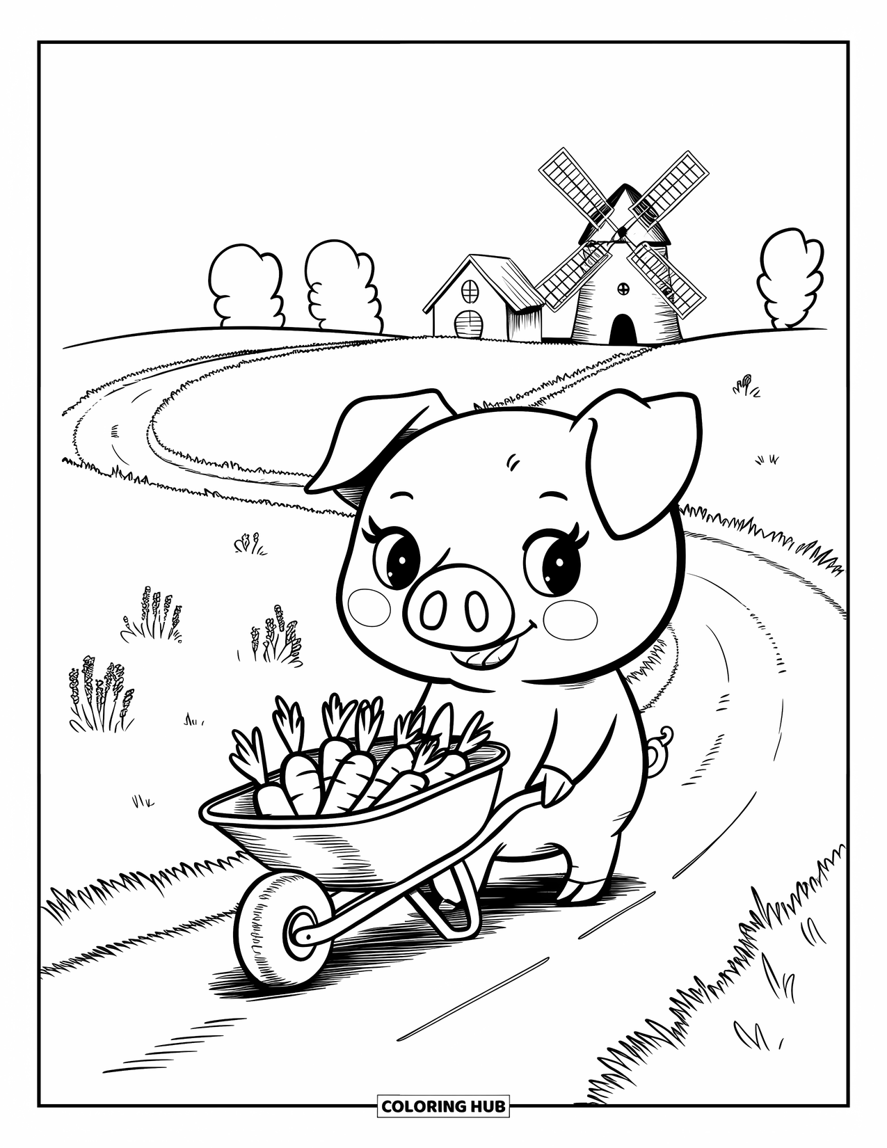 Farmer Coloring Page for Adults: A farmer piglet pushing a wheelbarrow of carrots in the countryside