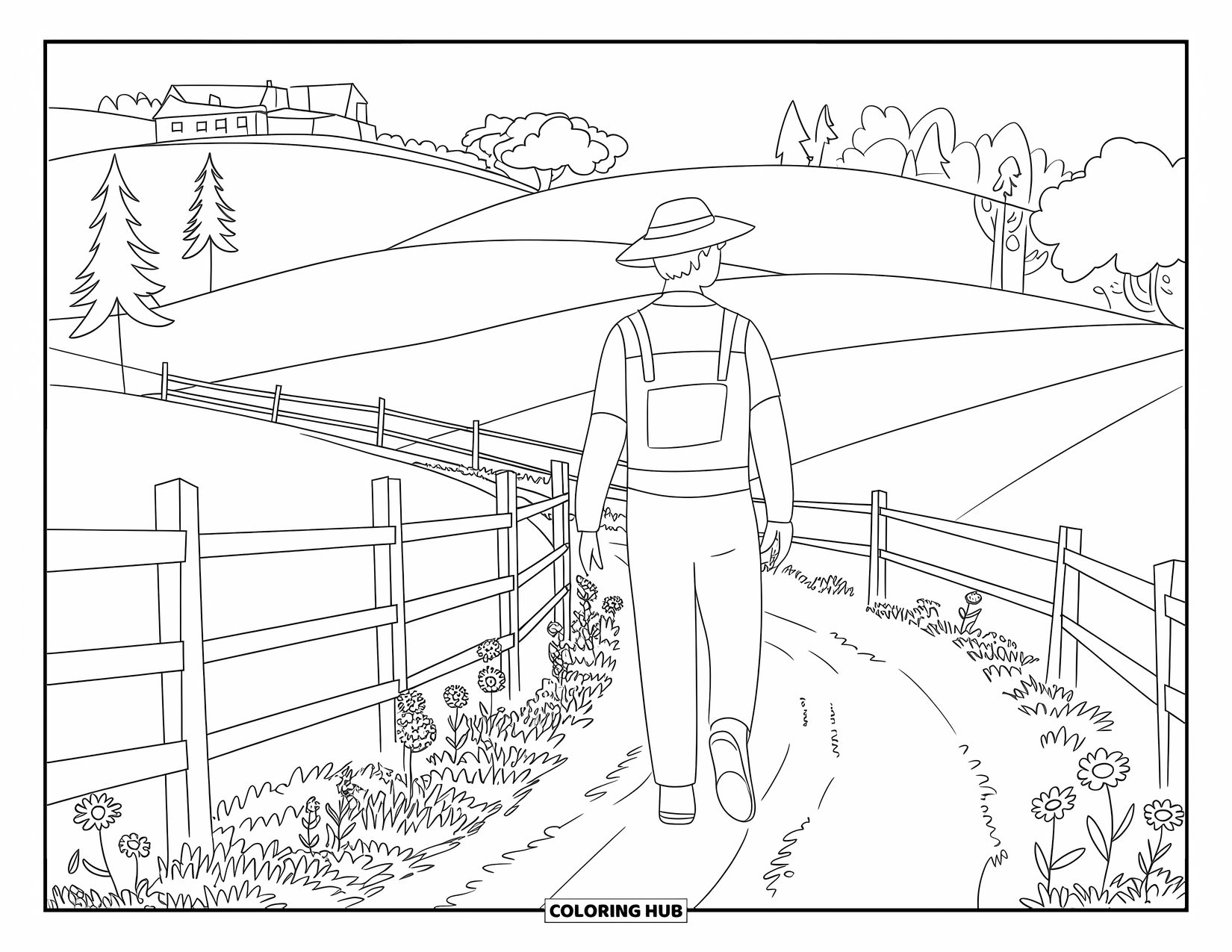 Farmer Coloring Page for Adults: A farmer walking a dirt path through a countryside landscape
