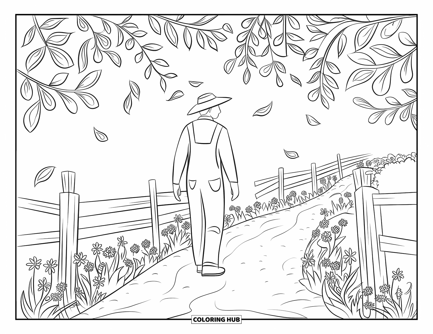 Farmer Coloring Page for Adults: A farmer walking a dirt path with flowers and patterned leaves