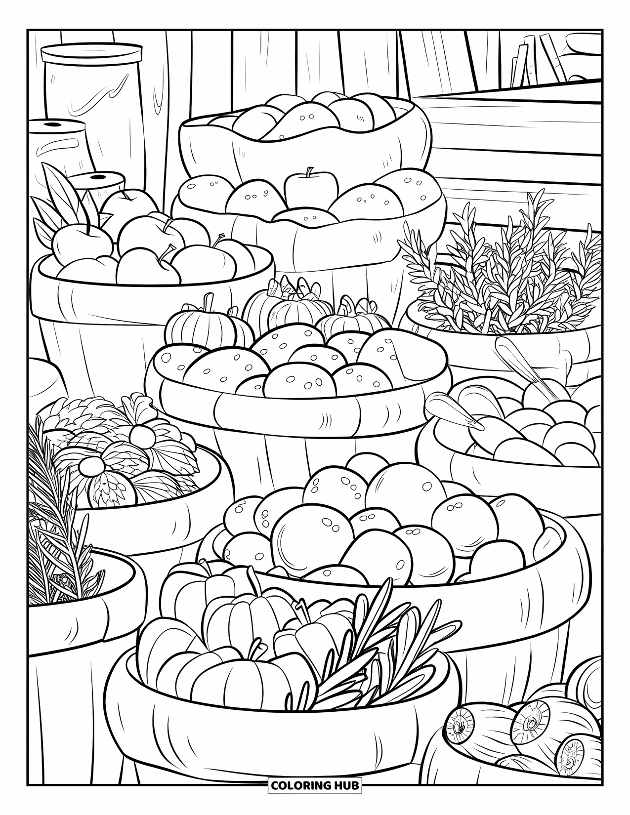 Farmer Coloring Page for Adults: A farmer's market with baskets full of vegetables, fruits, and herbs