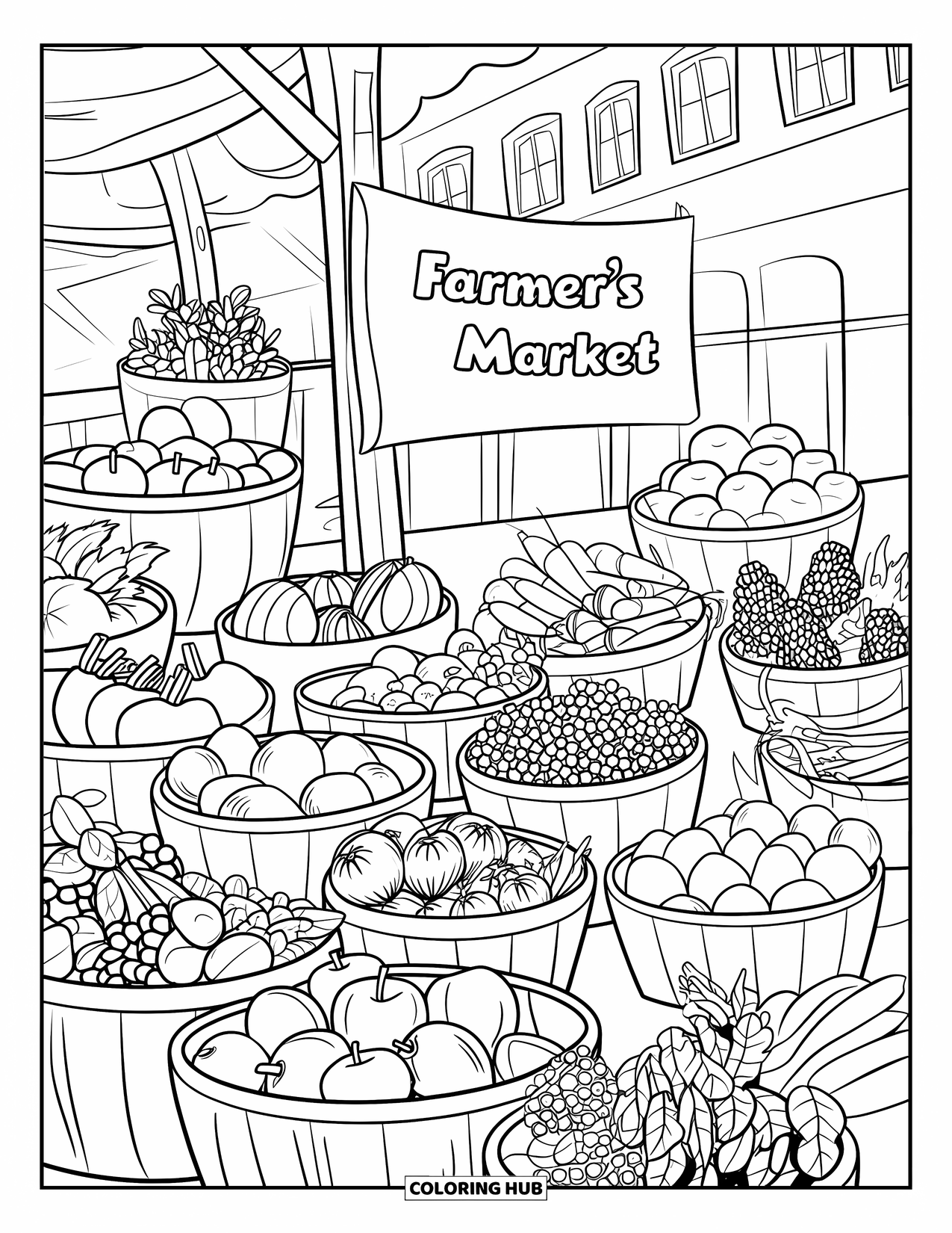 Farmer Coloring Page for Adults: A farmer's market with fruits, vegetables, herbs, and a wooden sign