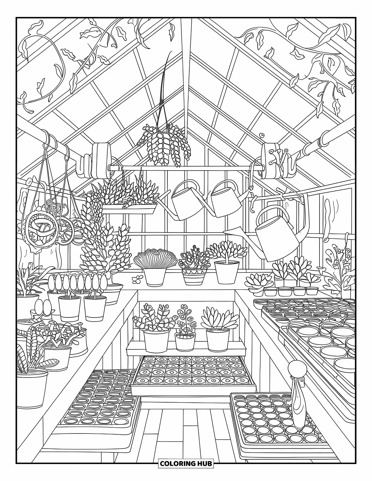 Farmer Coloring Page for Adults: A greenhouse filled with plants, watering cans, and hanging tools