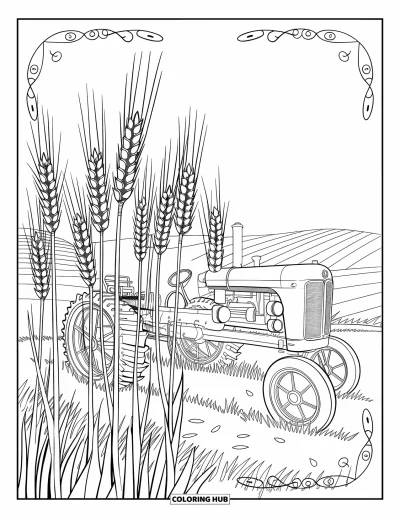 Desen de colorat cu fermier pentru adulți: Un tractor de epocă printre câmpuri de grâu înconjurat de modele ornamentale