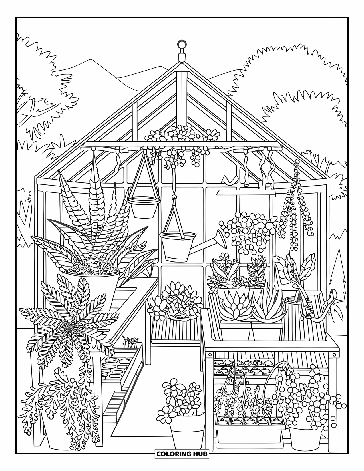 Farmer Coloring Page for Adults: An intricate greenhouse filled with plants, tools, and seed trays