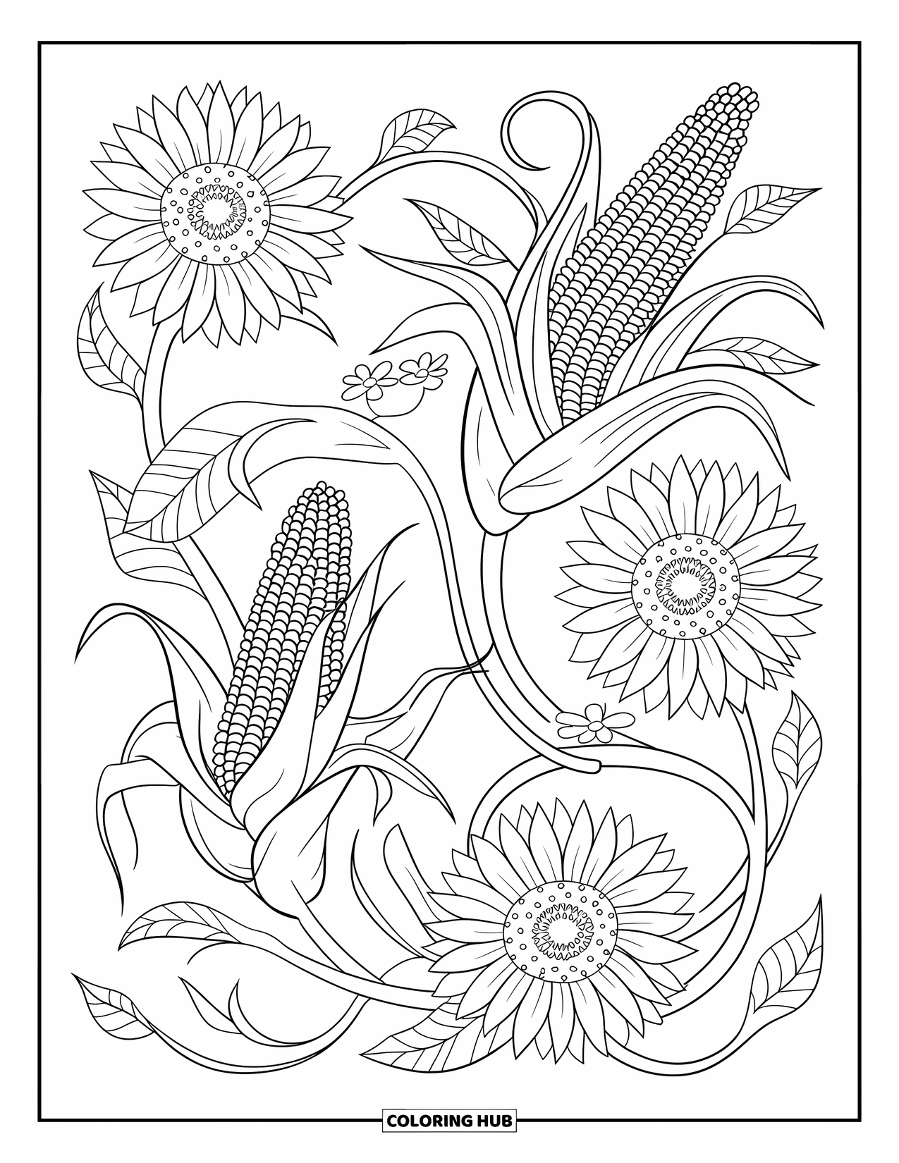 Farmer Coloring Page for Adults: Corn stalks, sunflowers, and vines with leaves and flowers