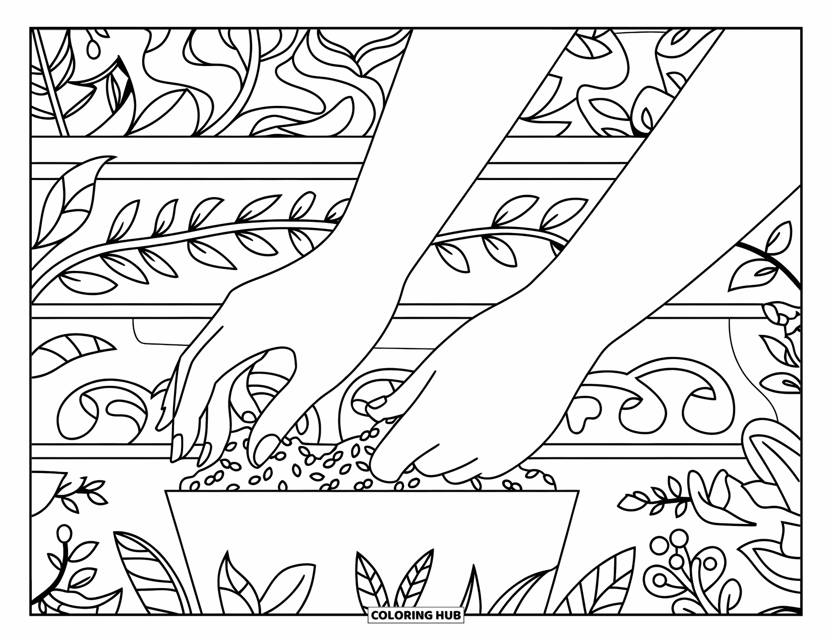 Farmer Coloring Page for Adults: Hands planting seeds in pots on a wooden surface
