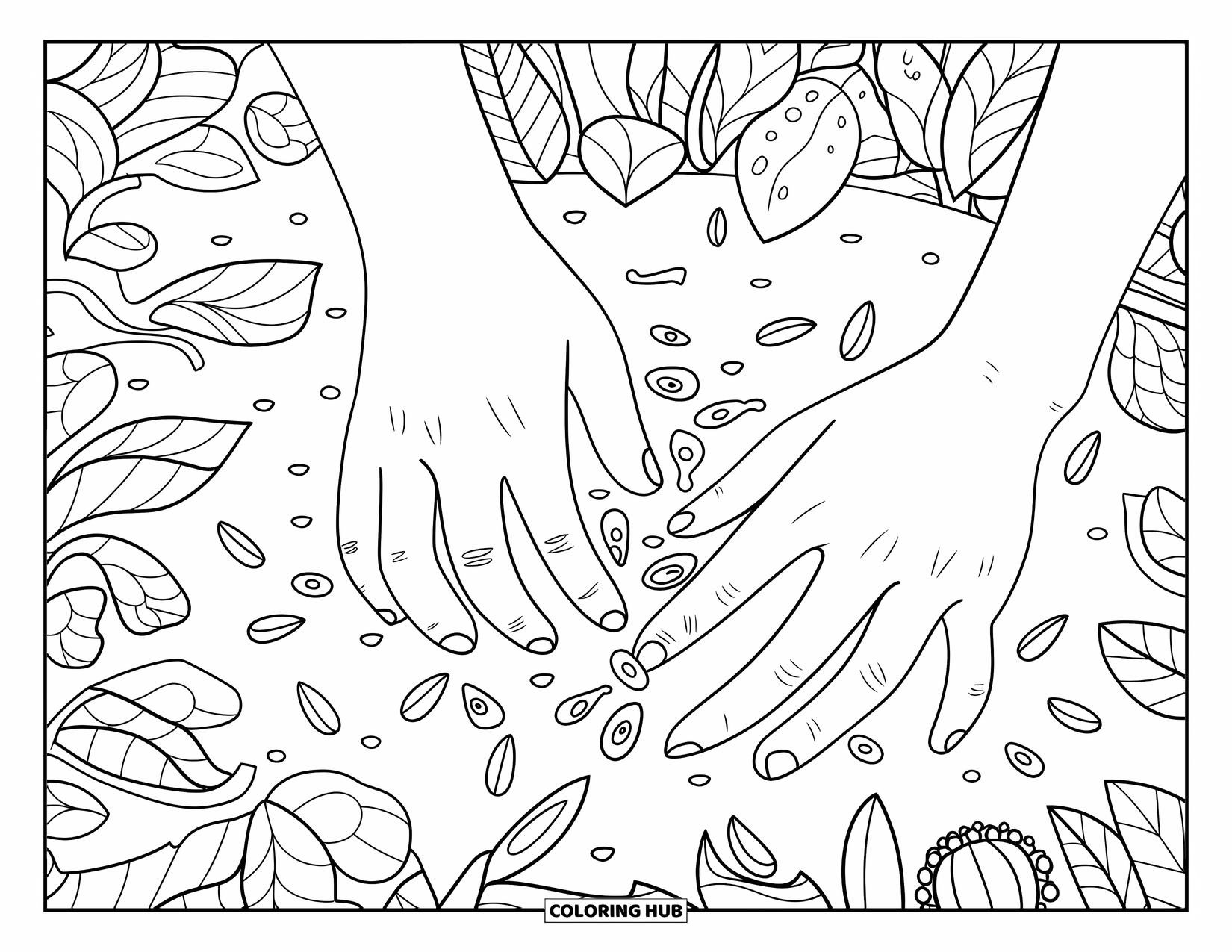 Farmer Coloring Page for Adults: Hands planting seeds in soil with scattered seeds around