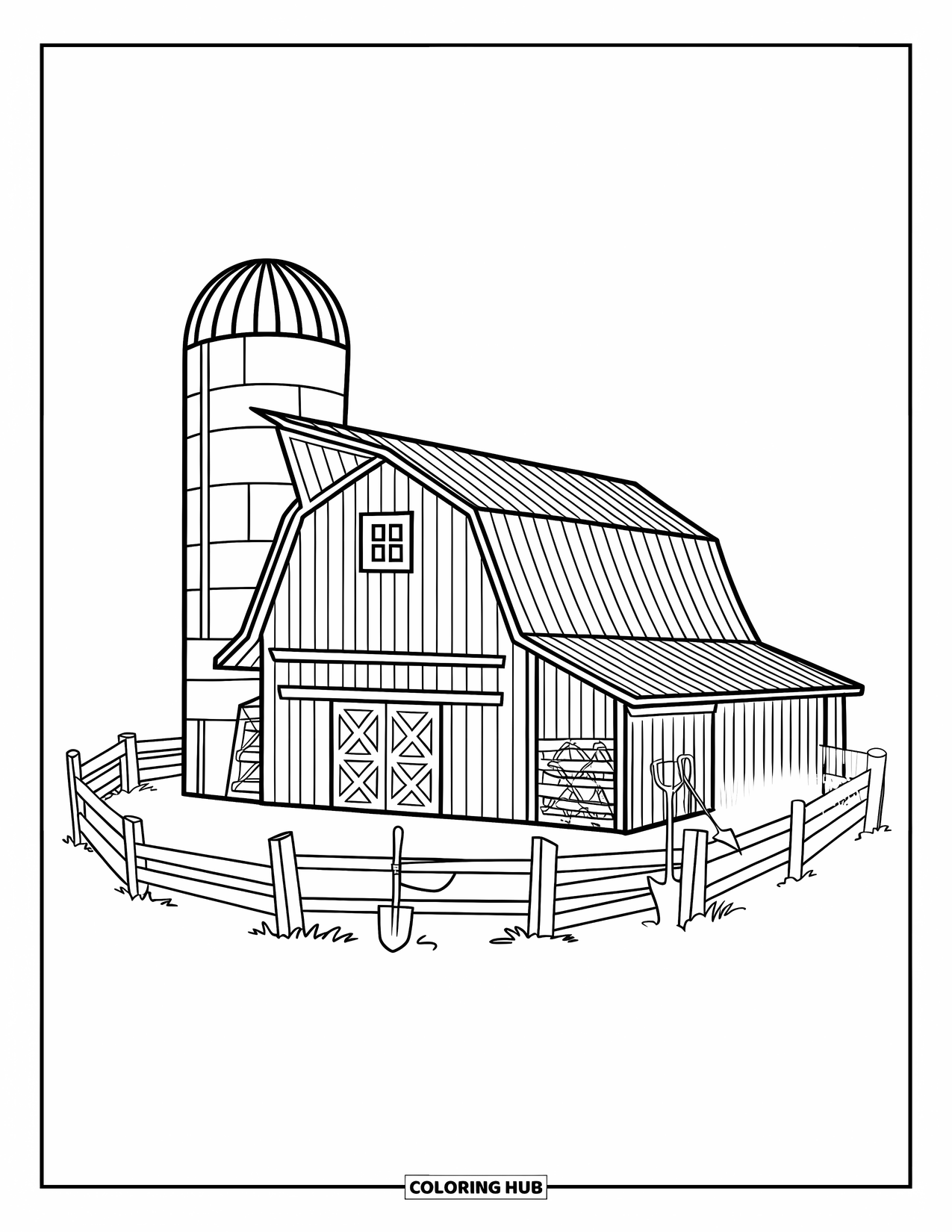Farmer Coloring Page for Kids: A barn with a silo, fence, and farm tools around it